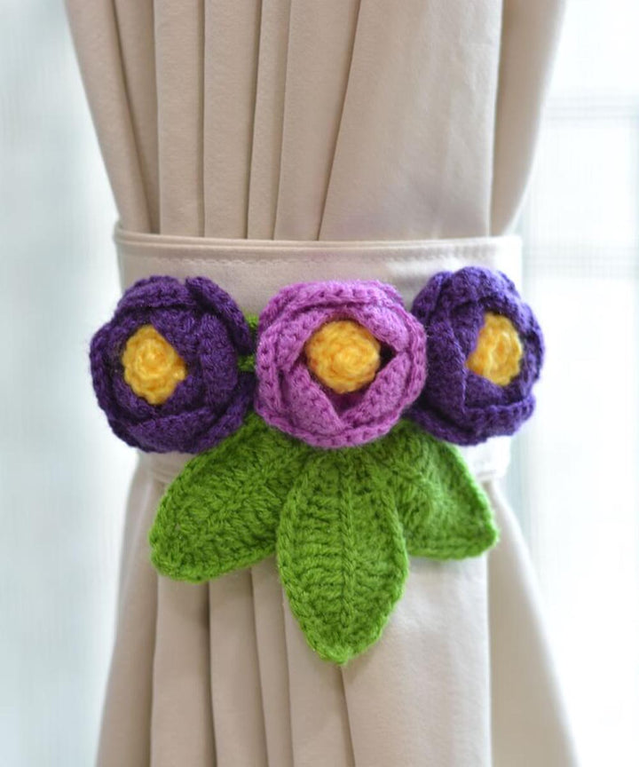 Purple navy blue green wool hand knitted curtain belt