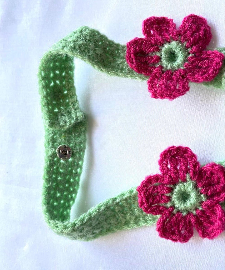 Light green dark pink wool hand knitted curtain belt