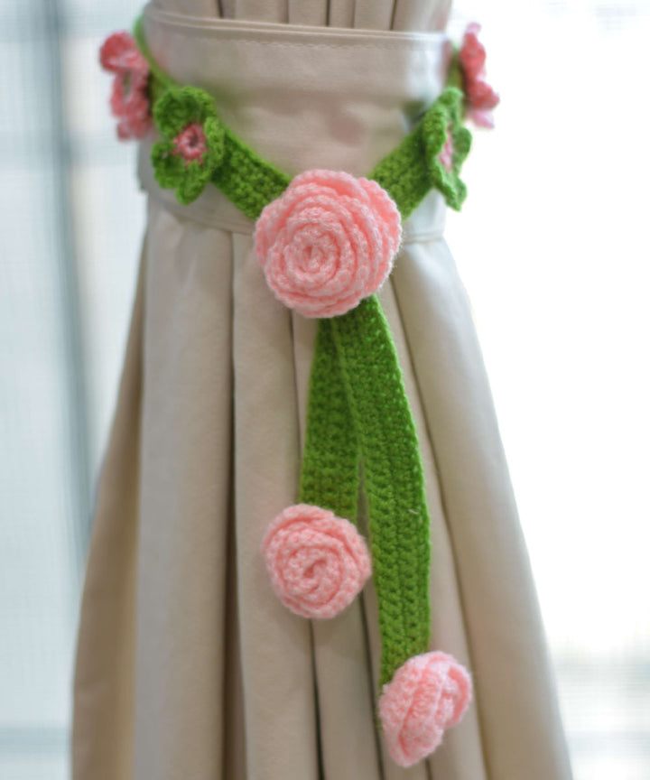 Light green light pink wool hand knitted curtain belt