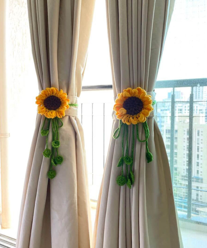 Yellow light green wool hand knitted curtain belt