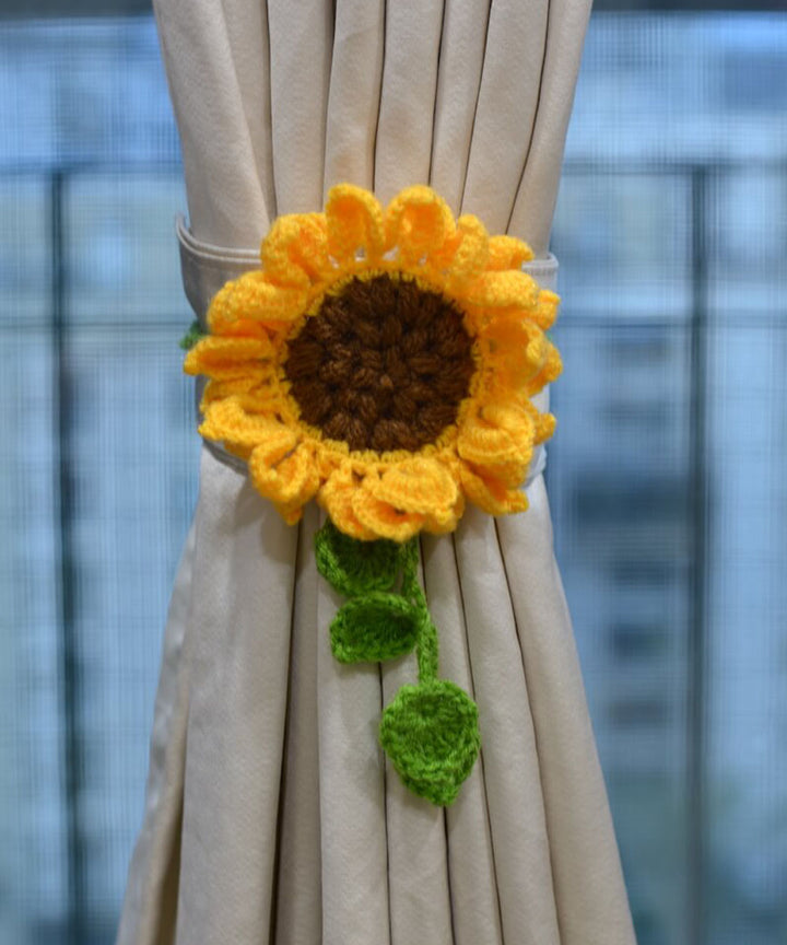 Yellow light green wool hand knitted curtain belt