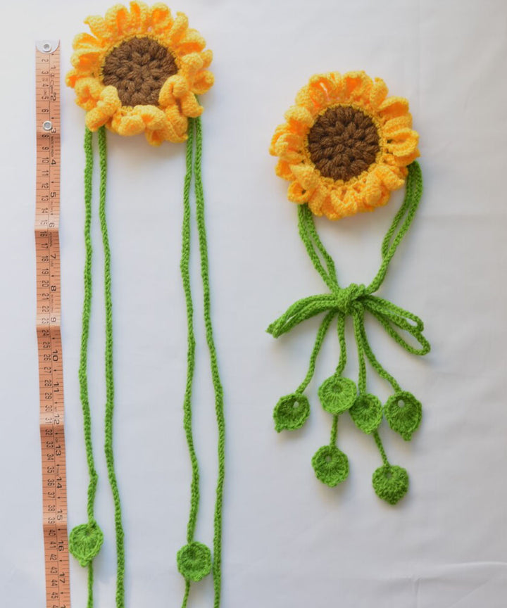 Yellow light green wool hand knitted curtain belt