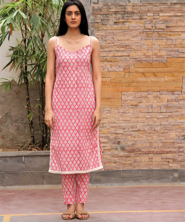 Pink hand block printed cotton lurex kurta with pants- set of 2