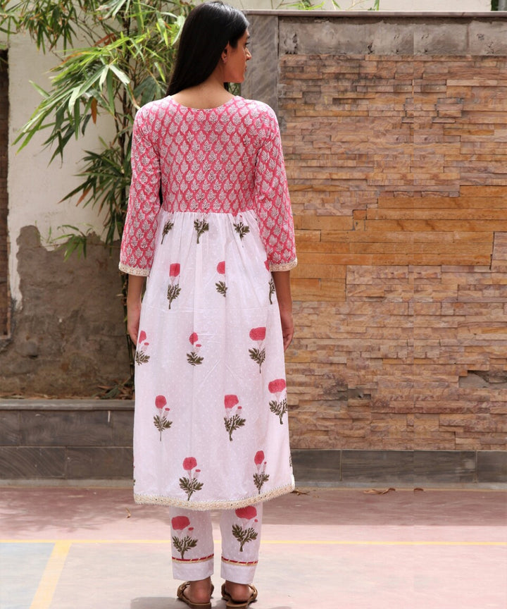 White hand block printed cotton dobby suit- set of 3