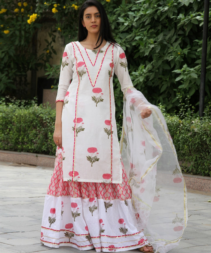 White hand block printed cotton dobby gharara suit set- set of 3