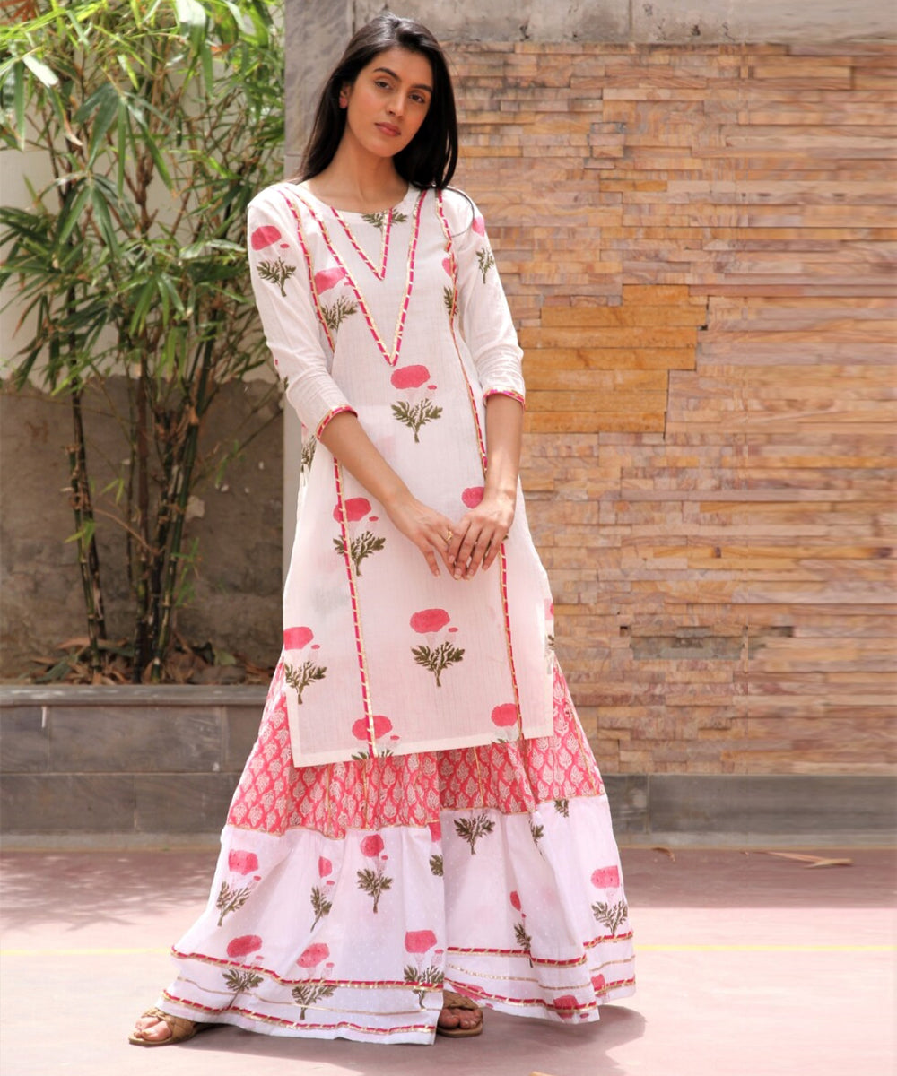 White hand block printed cotton dobby gharara suit set- set of 3