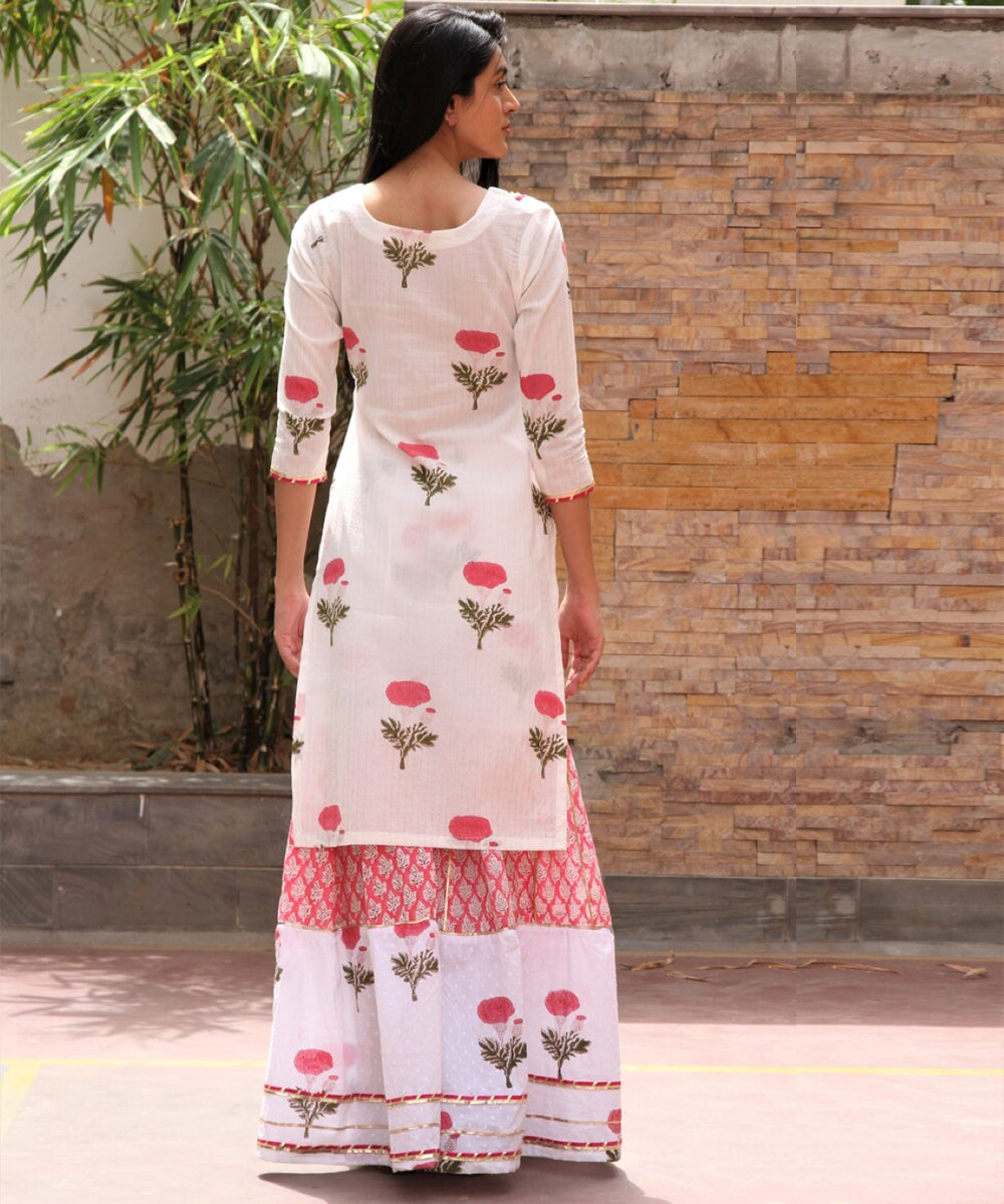 White hand block printed cotton dobby gharara suit set- set of 3