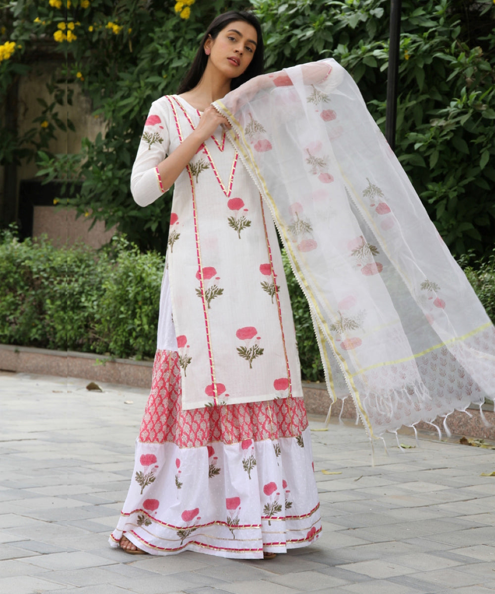 White hand block printed cotton dobby gharara suit set- set of 3