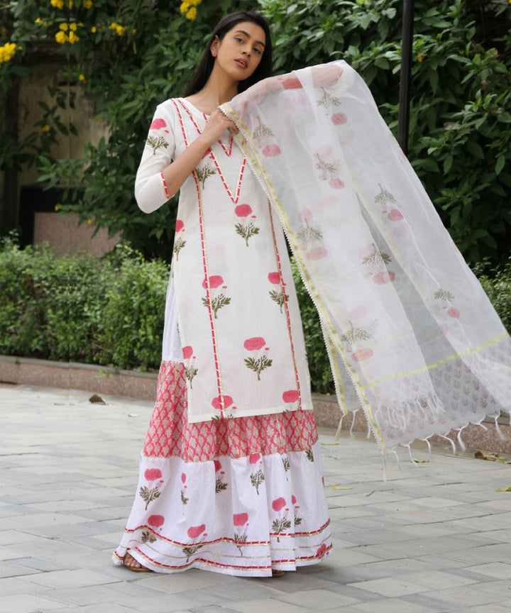 White hand block printed cotton dobby gharara suit set- set of 3