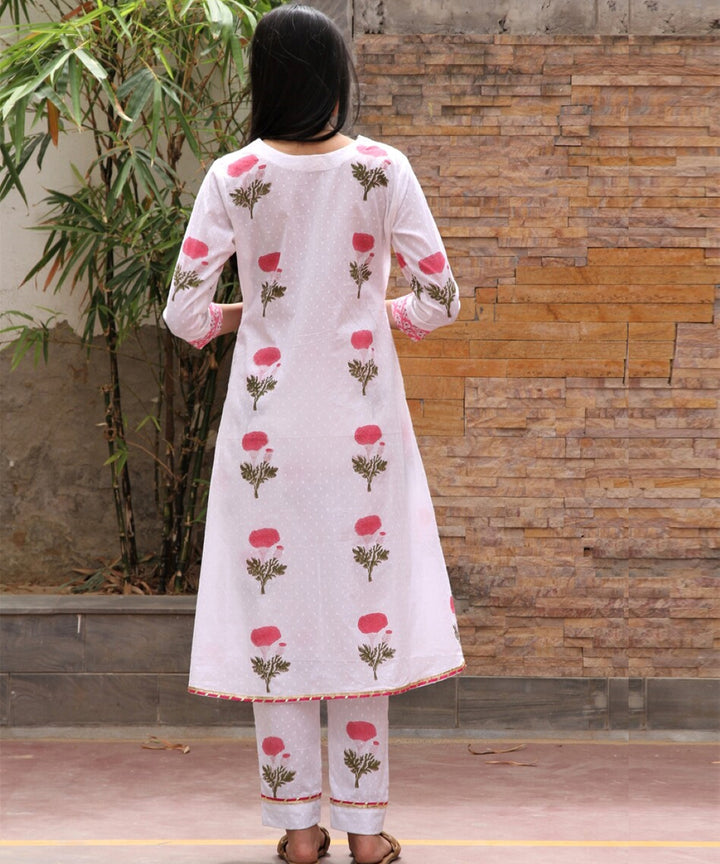 White red hand block printed cotton dobby suit- set of 3