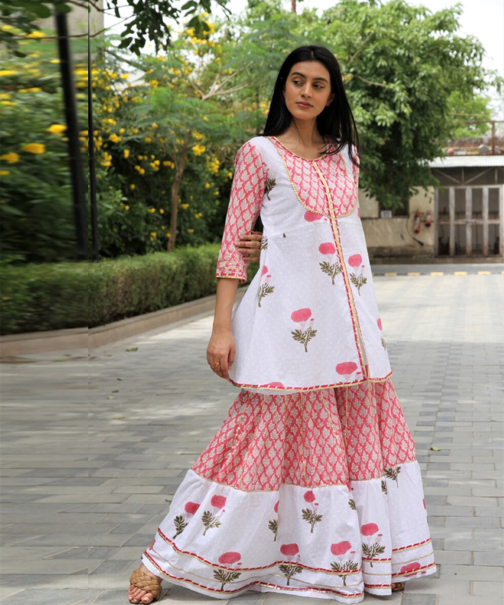 White hand block printed cotton dobby gharara suit- set of 3