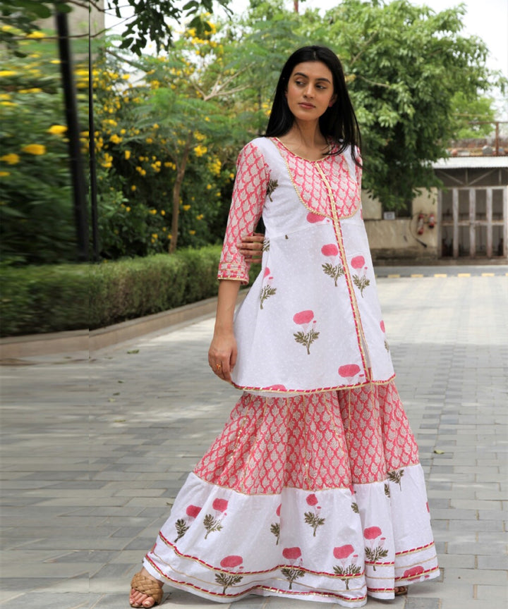 White hand block printed cotton dobby gharara suit- set of 3