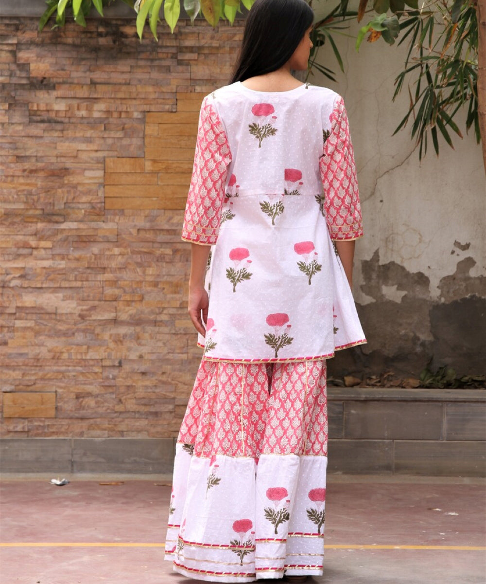 White hand block printed cotton dobby gharara suit- set of 3