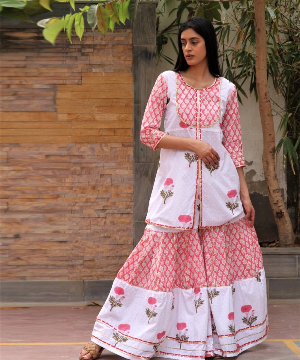 White hand block printed cotton dobby gharara suit- set of 3