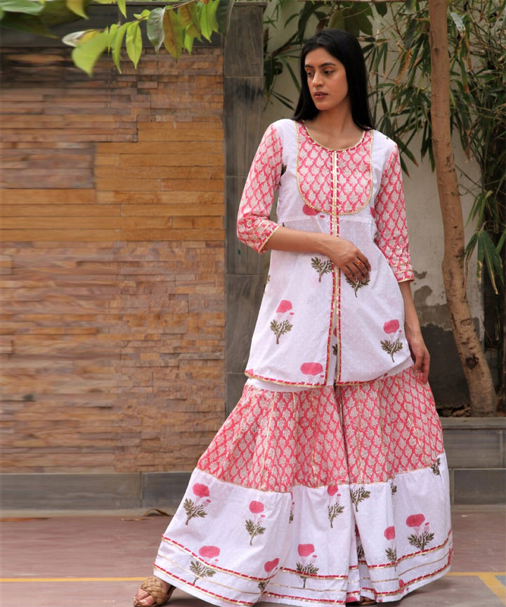 White hand block printed cotton dobby gharara suit- set of 3