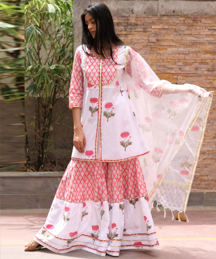 White hand block printed cotton dobby gharara suit- set of 3