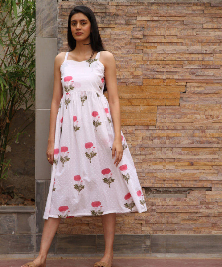 White hand block printed cotton dobby dress