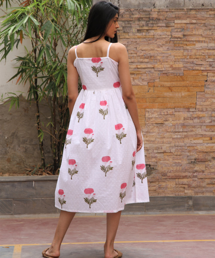 White hand block printed cotton dobby dress