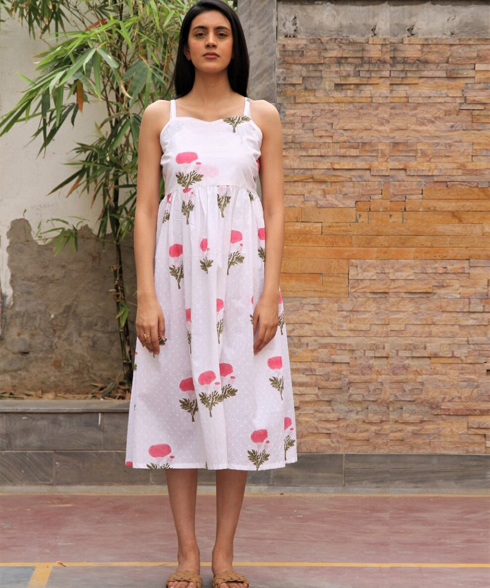 White hand block printed cotton dobby dress