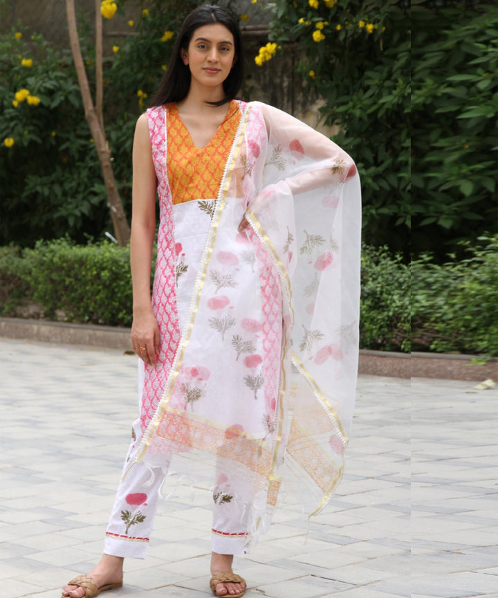 White pink hand block printed cotton dobby suit-set of 3