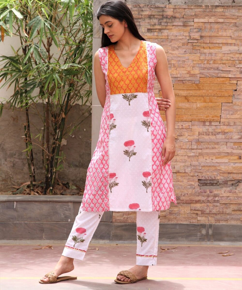 White pink hand block printed cotton dobby suit-set of 3