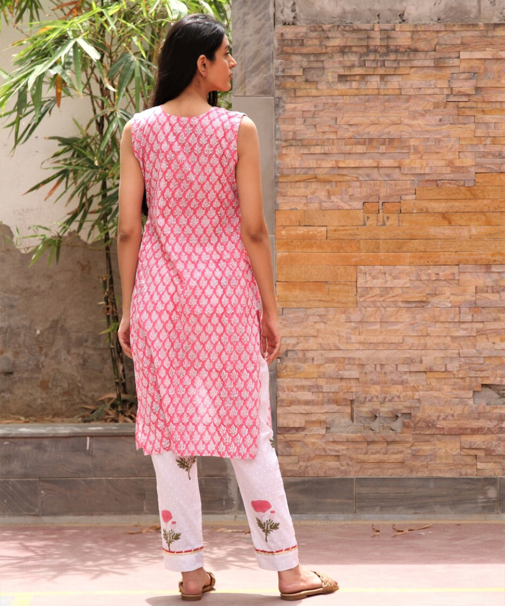White pink hand block printed cotton dobby suit-set of 3