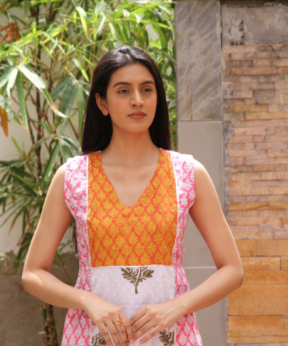 White pink hand block printed cotton dobby suit-set of 3