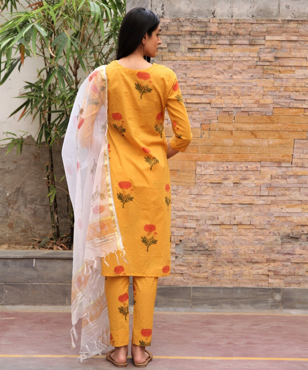 Mustard red hand block printed cotton dobby suit- set of 3