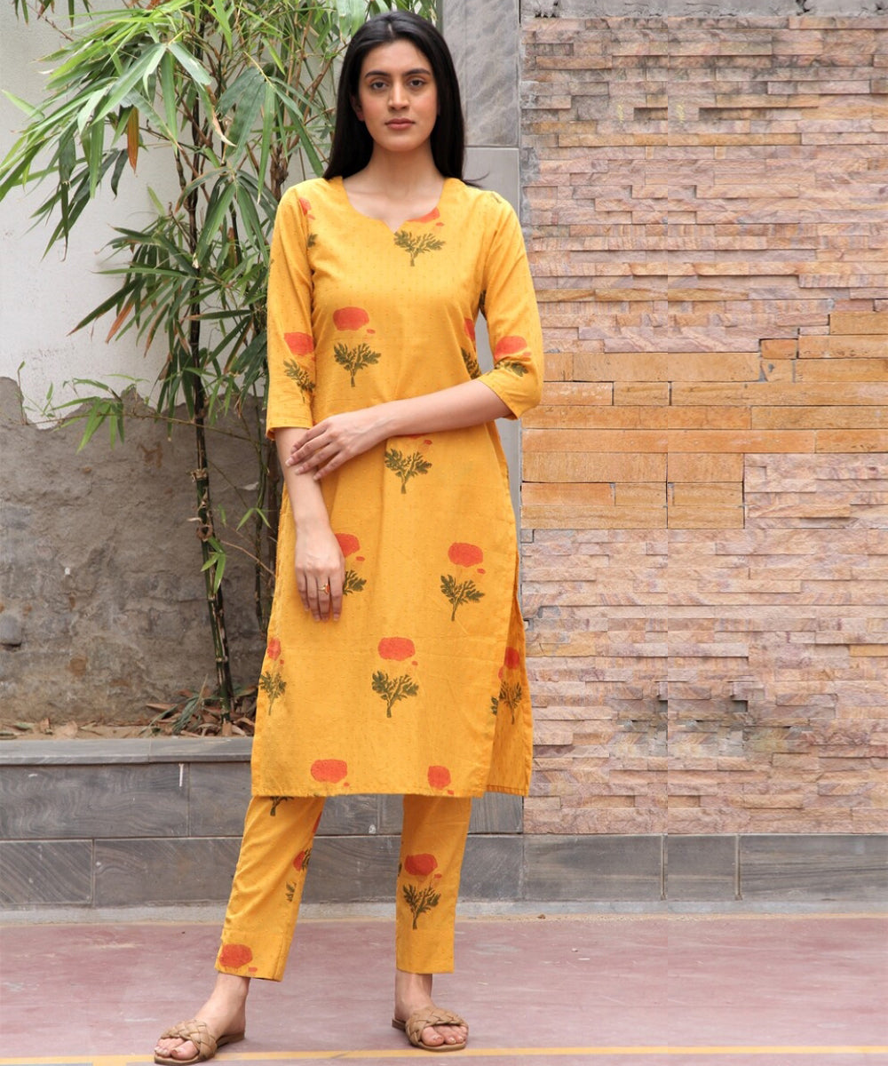 Mustard red hand block printed cotton dobby suit- set of 3