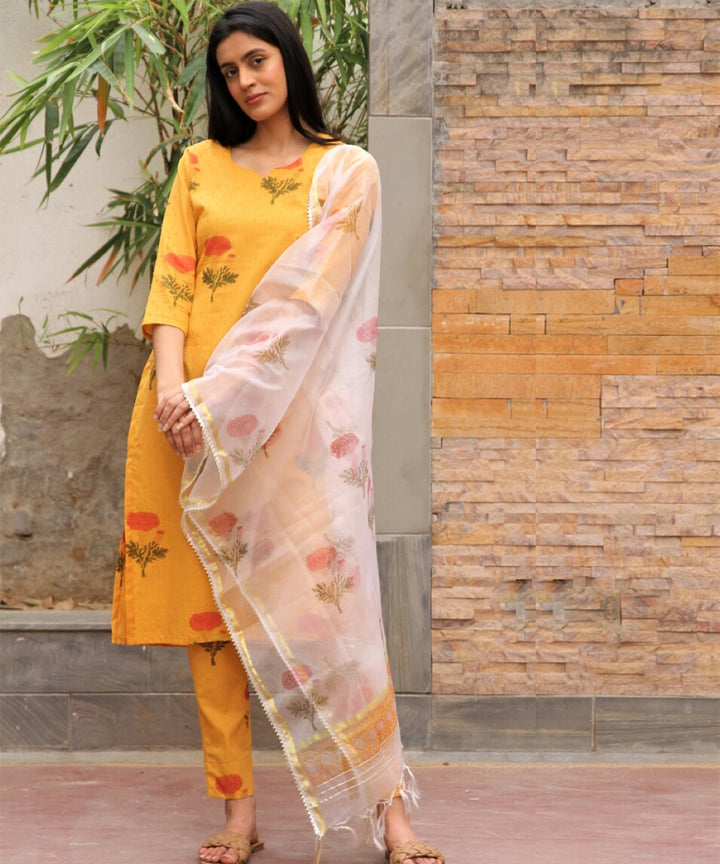 Mustard red hand block printed cotton dobby suit- set of 3