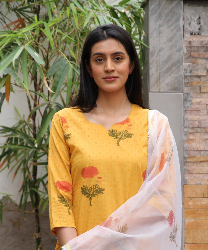 Mustard red hand block printed cotton dobby suit- set of 3