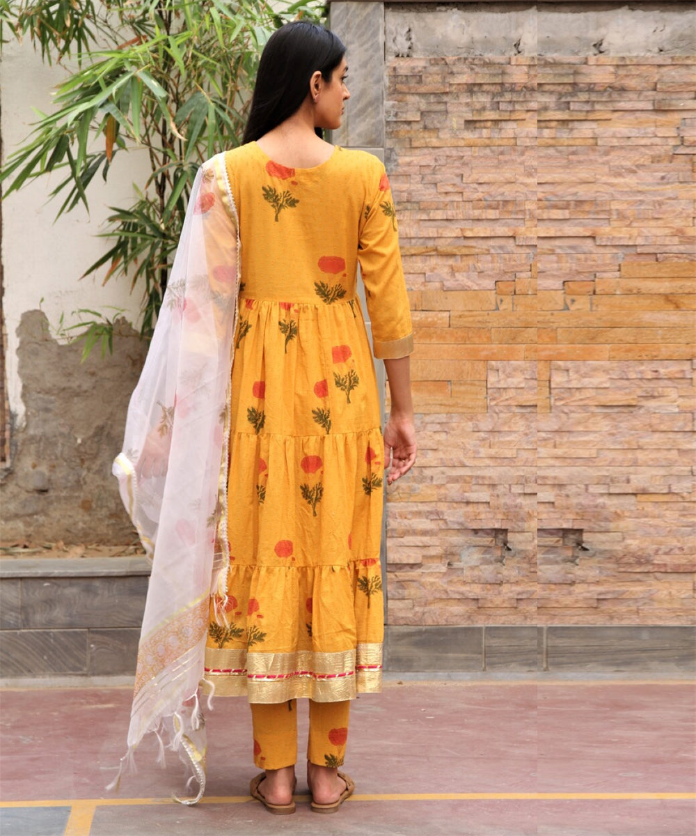 Mustard hand block printed cotton dobby suit- set of 3