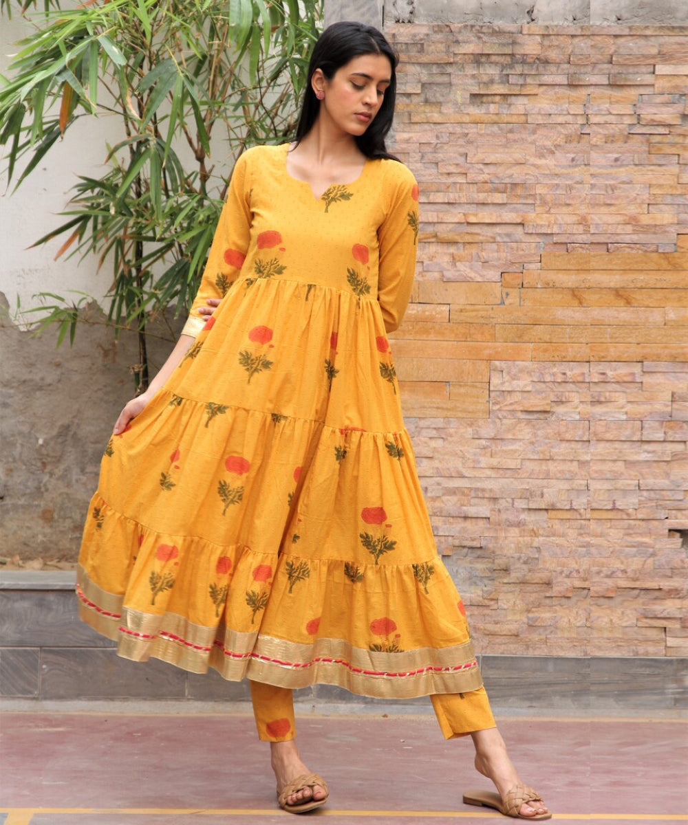 Mustard hand block printed cotton dobby suit- set of 3