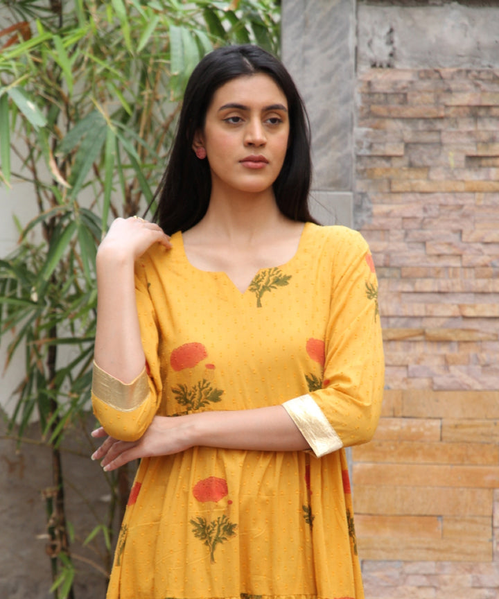 Mustard hand block printed cotton dobby suit- set of 3