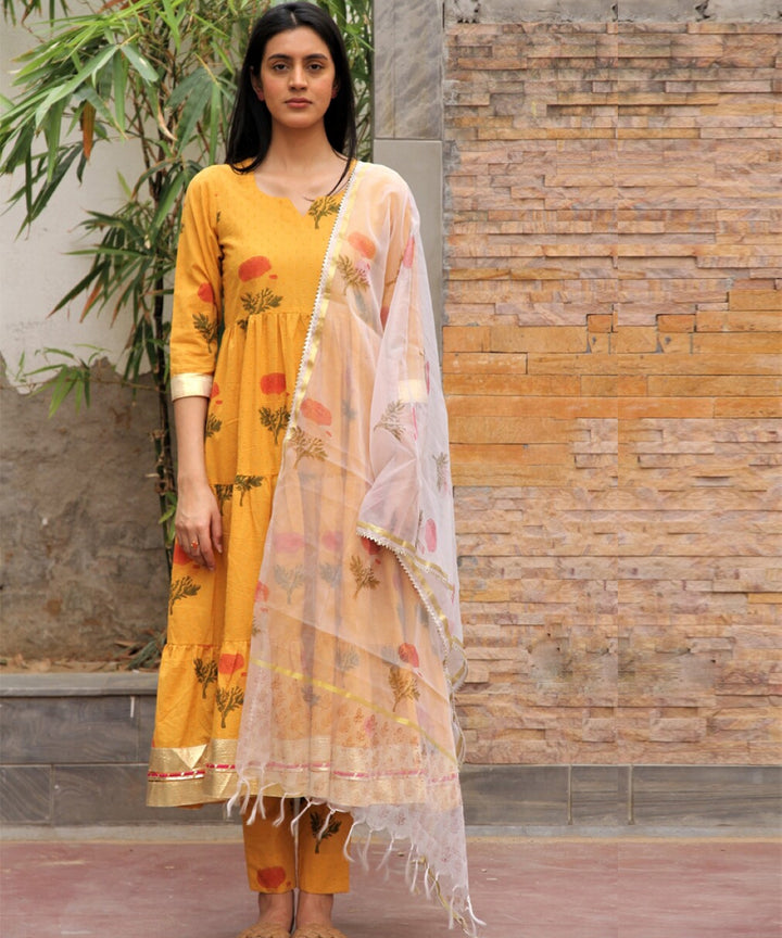 Mustard hand block printed cotton dobby suit- set of 3