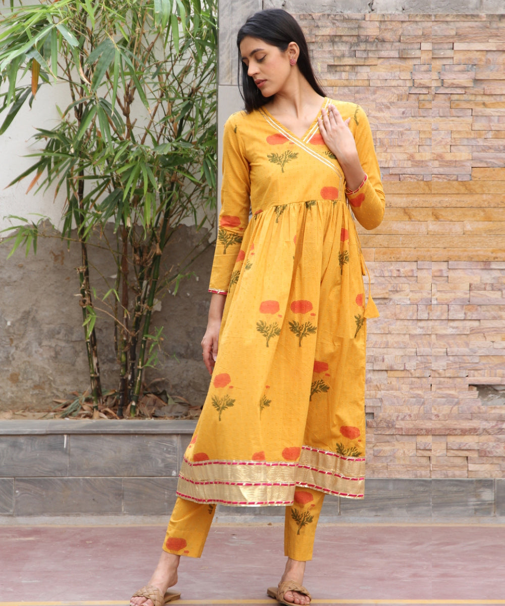 Mustard yellow hand block printed cotton dobby angrakha suit - set of 3