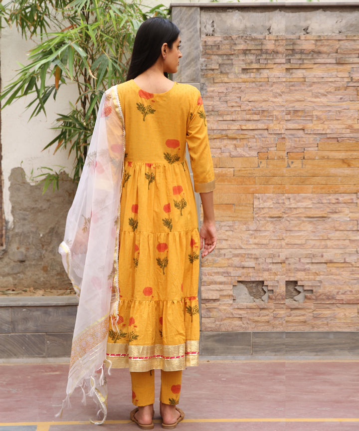 Mustard yellow hand block printed cotton dobby angrakha suit - set of 3