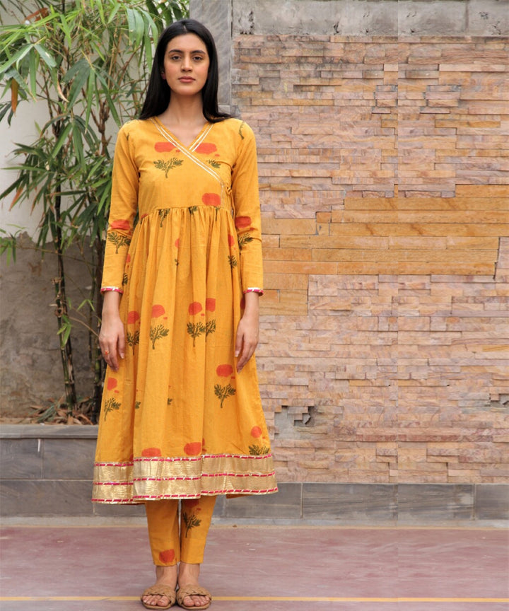 Mustard yellow hand block printed cotton dobby angrakha suit - set of 3