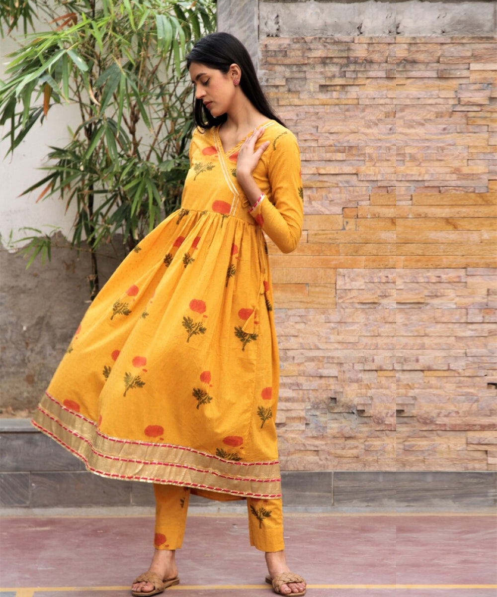 Mustard yellow hand block printed cotton dobby angrakha suit - set of 3