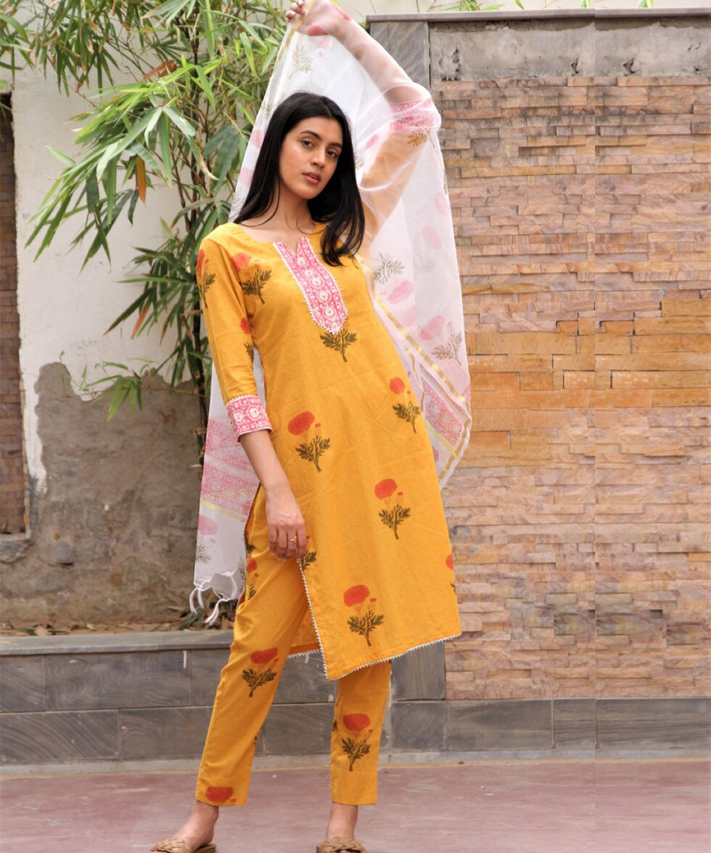 Mustard yellow hand block printed cotton dobby suit- set of 3