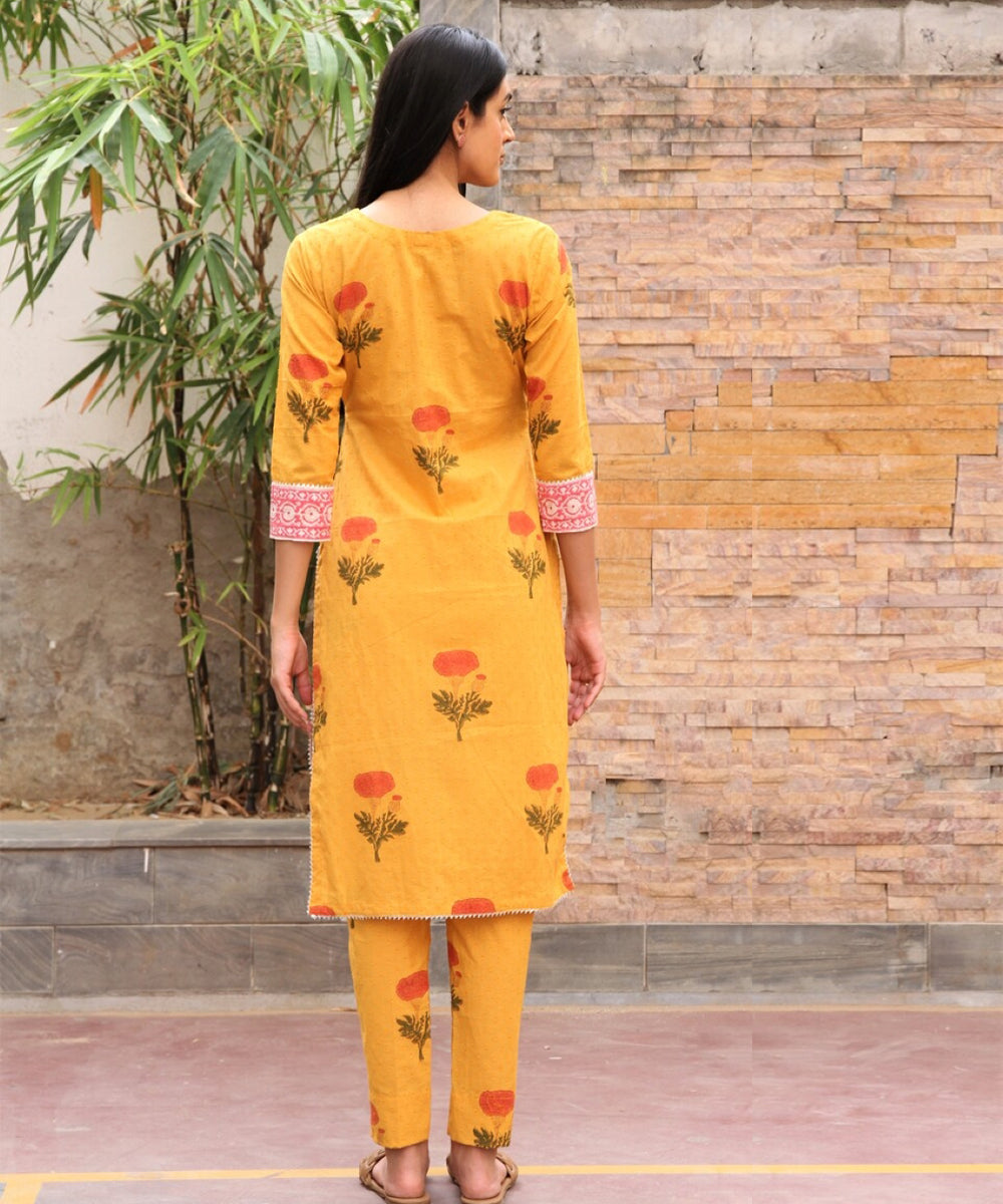 Mustard yellow hand block printed cotton dobby suit- set of 3