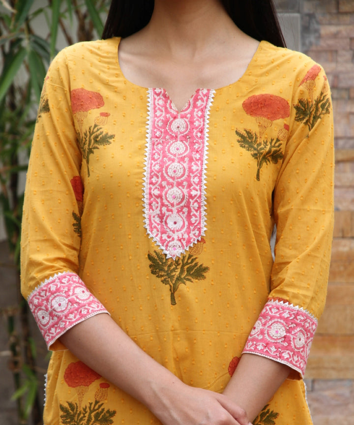 Mustard yellow hand block printed cotton dobby suit- set of 3