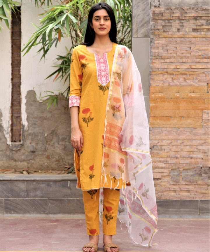 Mustard yellow hand block printed cotton dobby suit- set of 3