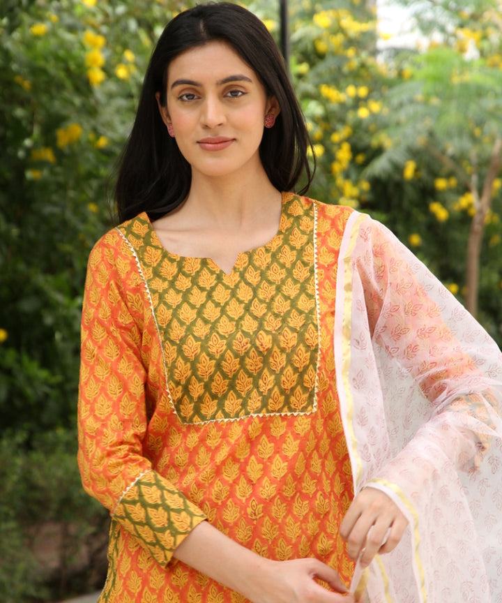 Orange hand block printed cotton dobby gharara suit- set of 3
