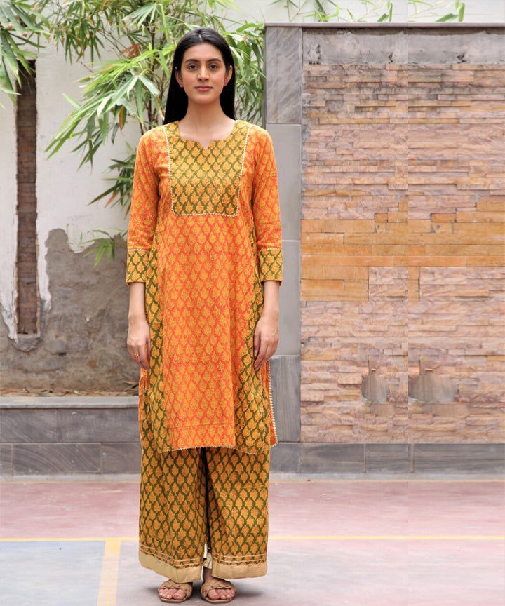 Orange hand block printed cotton dobby gharara suit- set of 3