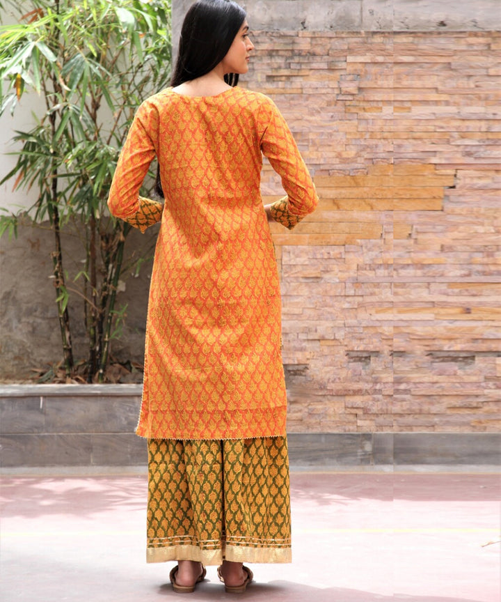 Orange hand block printed cotton dobby gharara suit- set of 3