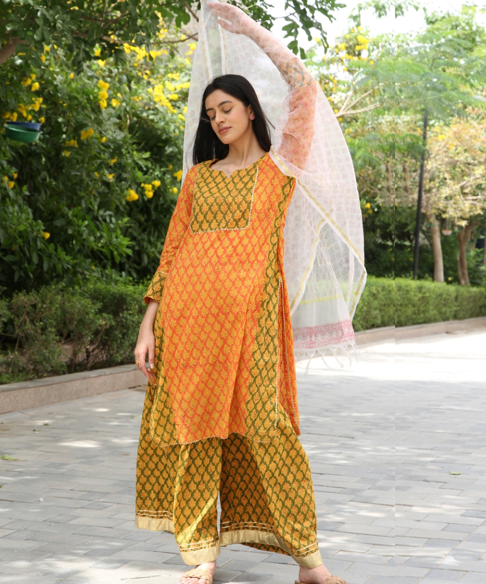 Orange hand block printed cotton dobby gharara suit- set of 3