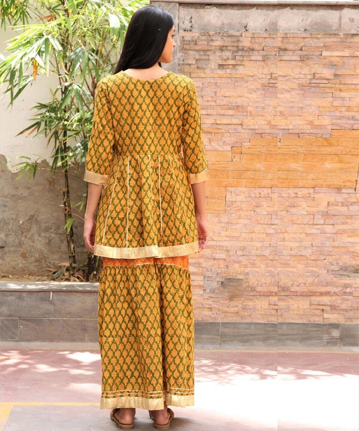 Green hand block printed cotton dobby gharara suit- set of 3