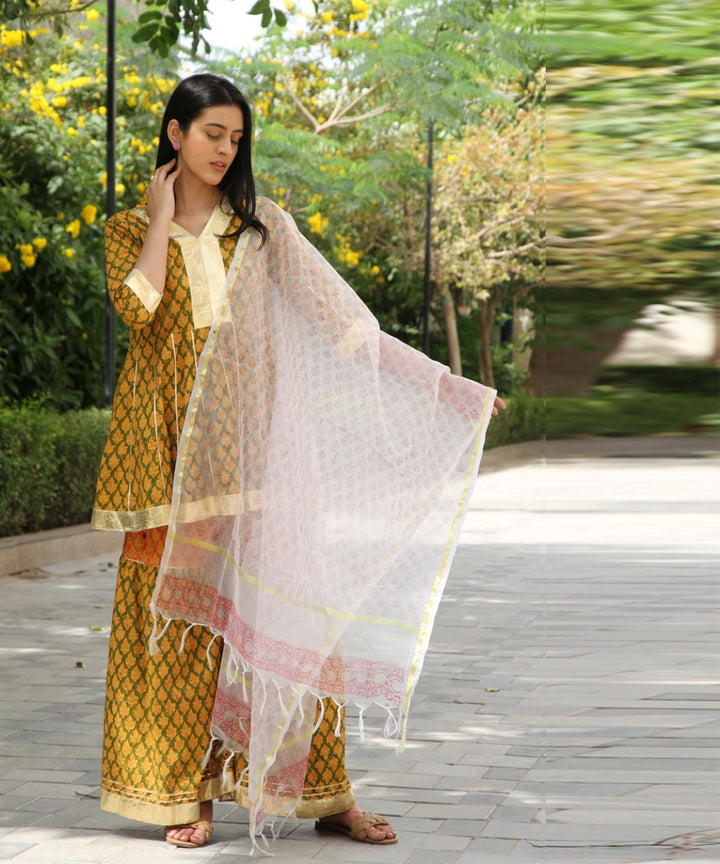 Green hand block printed cotton dobby gharara suit- set of 3