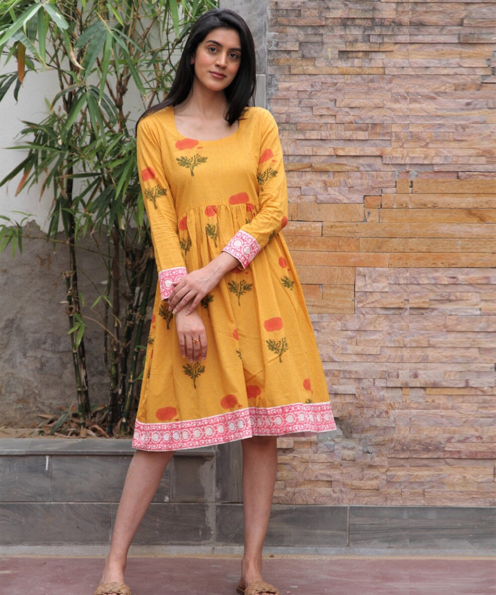 Mustard yellow hand block printed cotton dobby dress